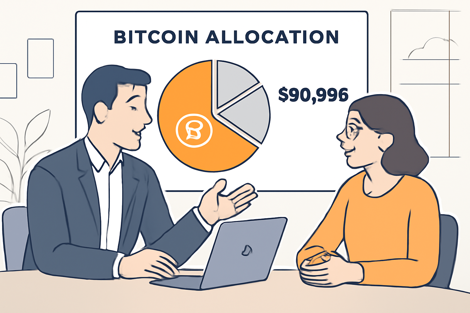 advisor and client discussing Bitcoin allocation pie chart at $90,996, modern office
