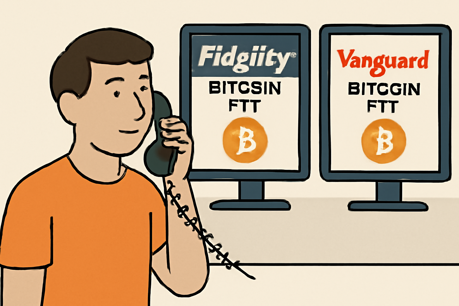 person calling plan administrator on phone, screens showing Fidelity Vanguard Bitcoin ETFs