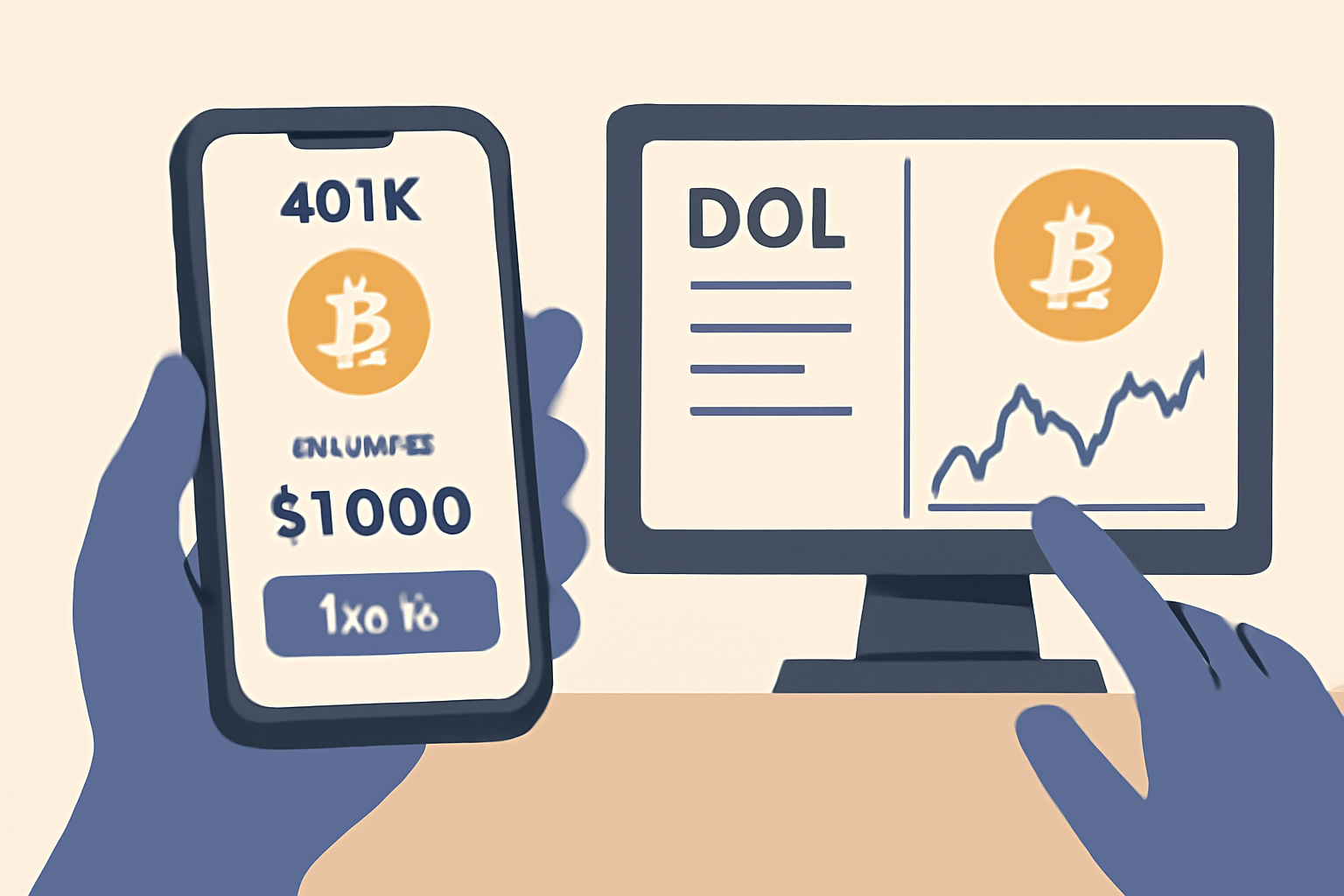 executing 401k Bitcoin trade on app, monitoring dashboard with DOL reports and BTC chart
