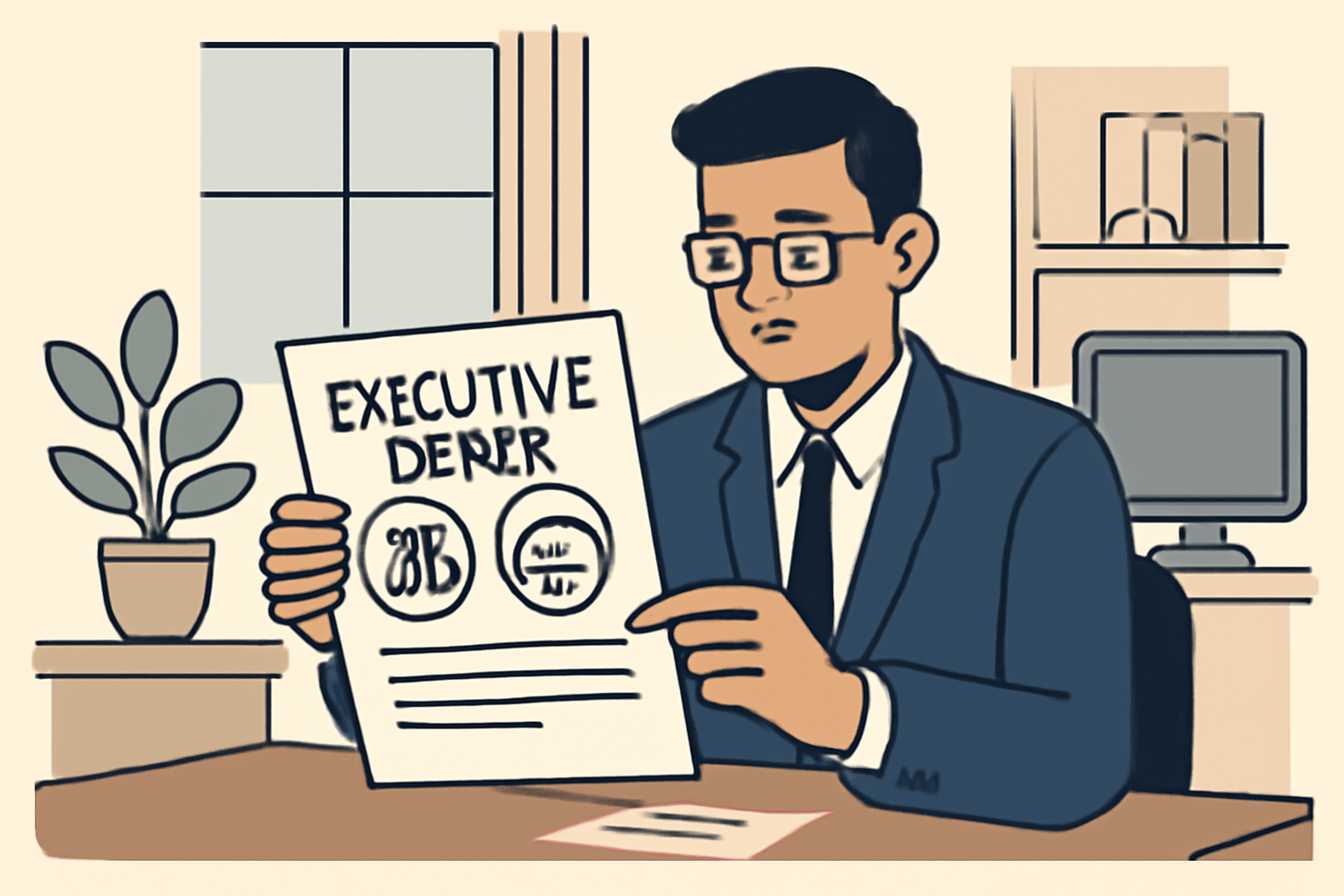 person reviewing executive order document with Bitcoin symbols and 401k icons, professional office setting