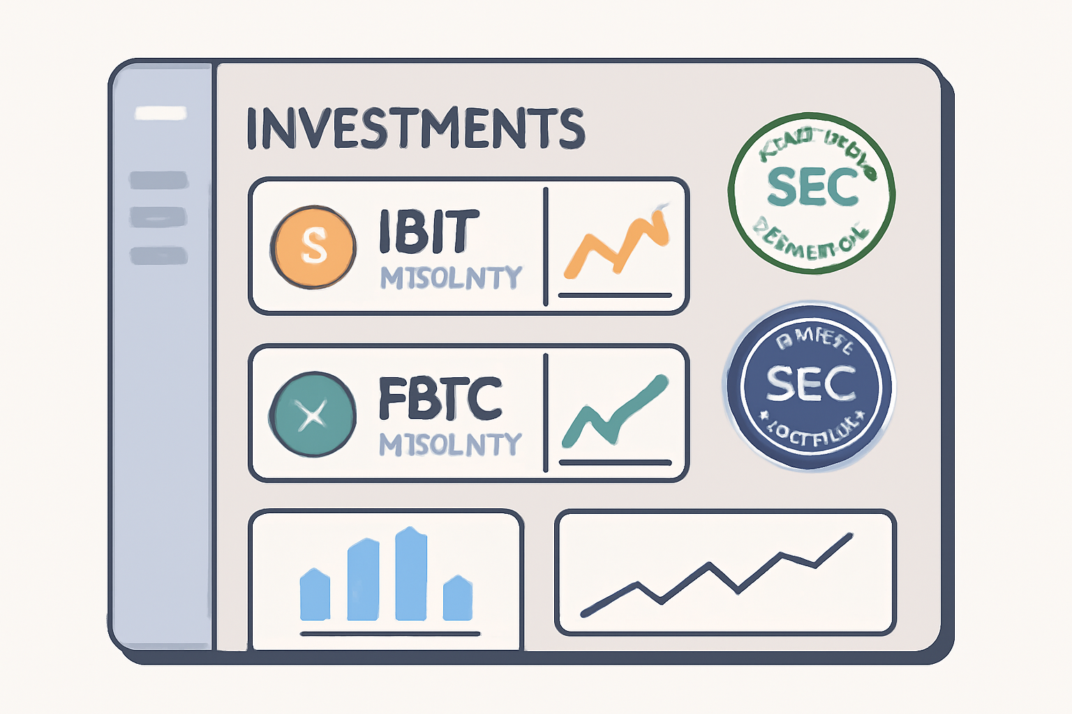 investment dashboard selecting IBIT FBTC Bitcoin ETFs, charts and SEC approval badges