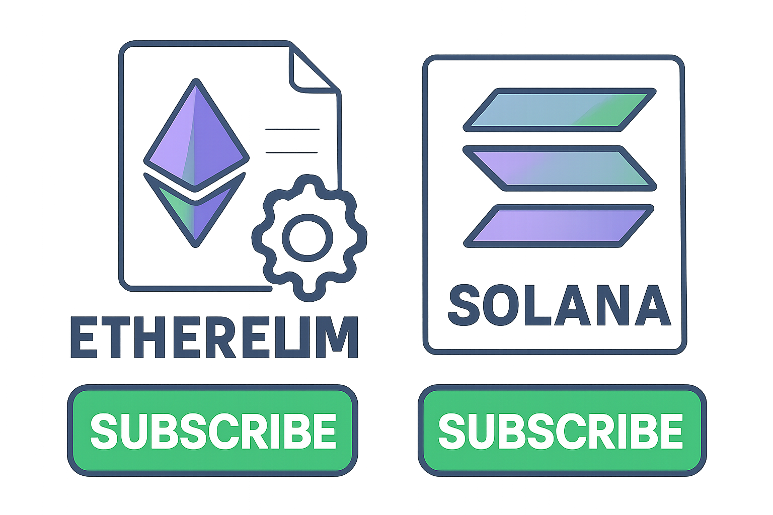 Logos of Ethereum and Solana with icons of smart contracts and subscription buttons.