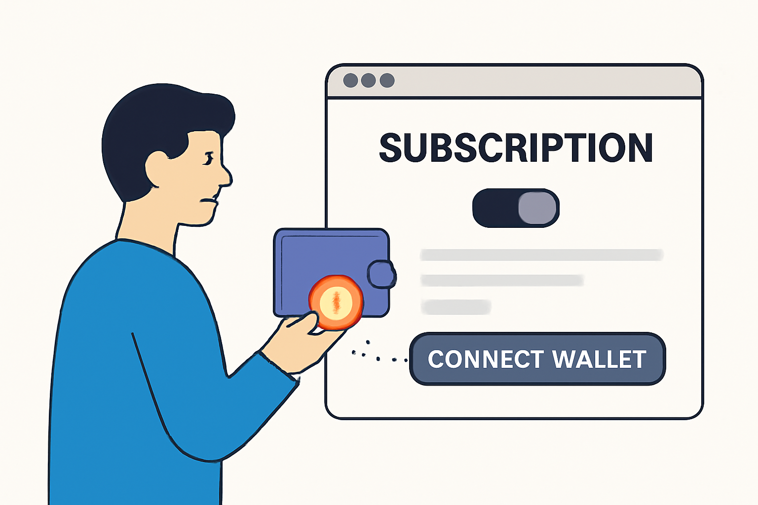 A user connecting a crypto wallet to a web platform, with subscription controls visible.