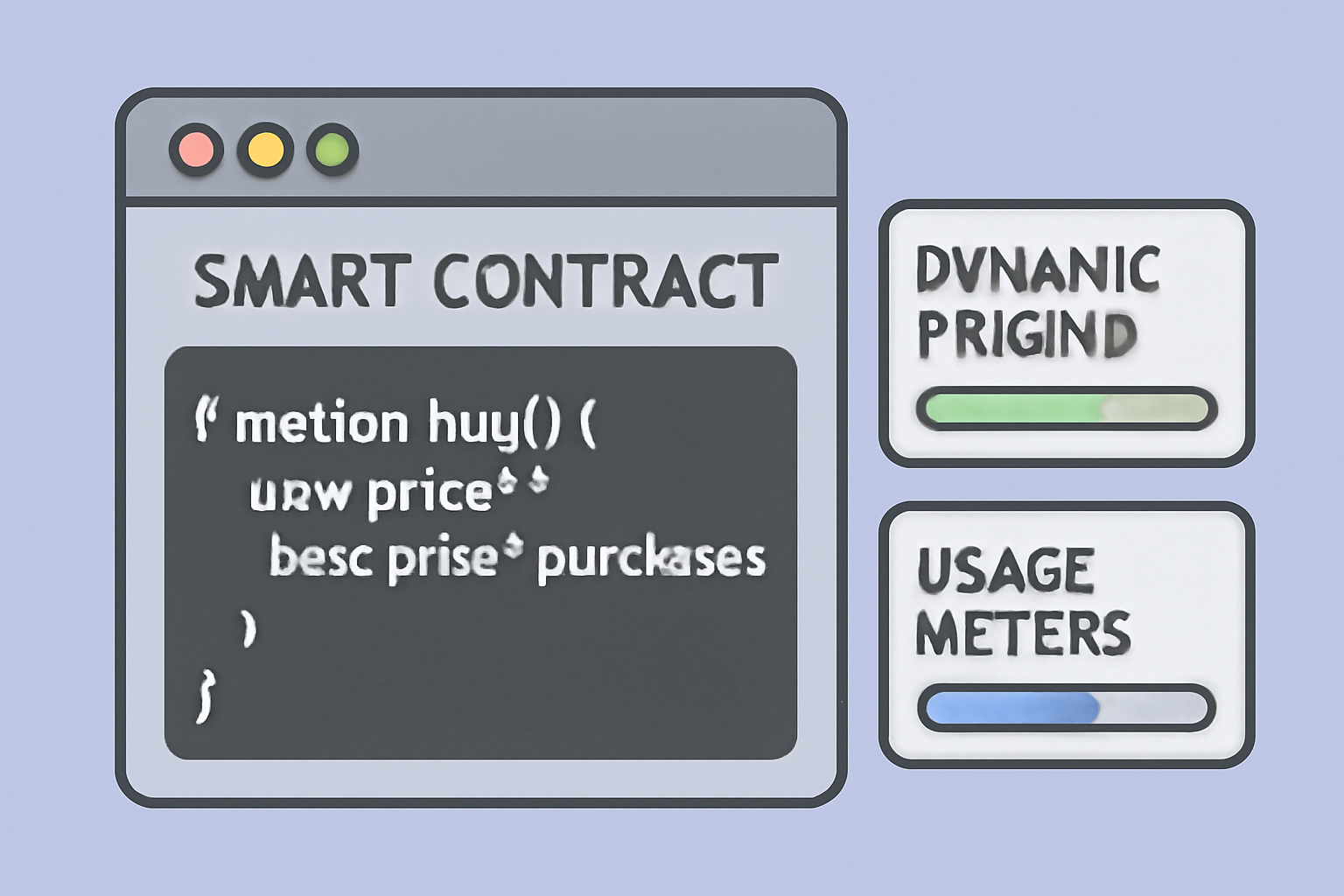 A smart contract code snippet with dynamic pricing and usage meters on a digital interface.