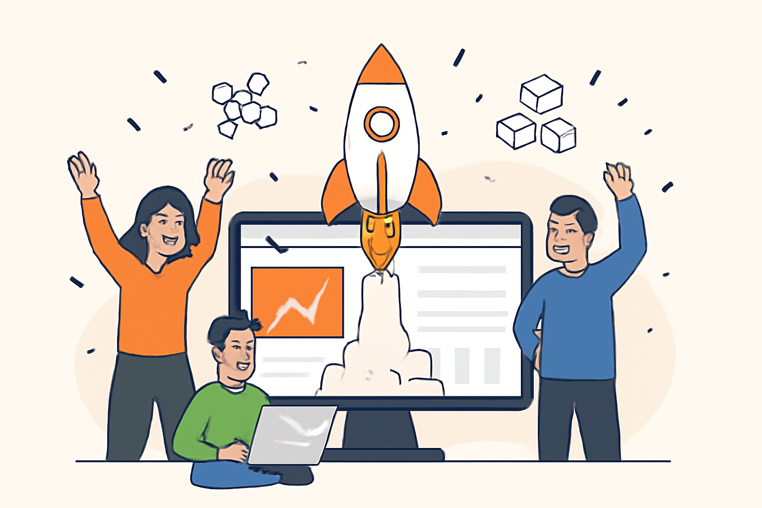 A celebratory launch scene with a dashboard, happy users, and blockchain icons, indicating a successful rollout.