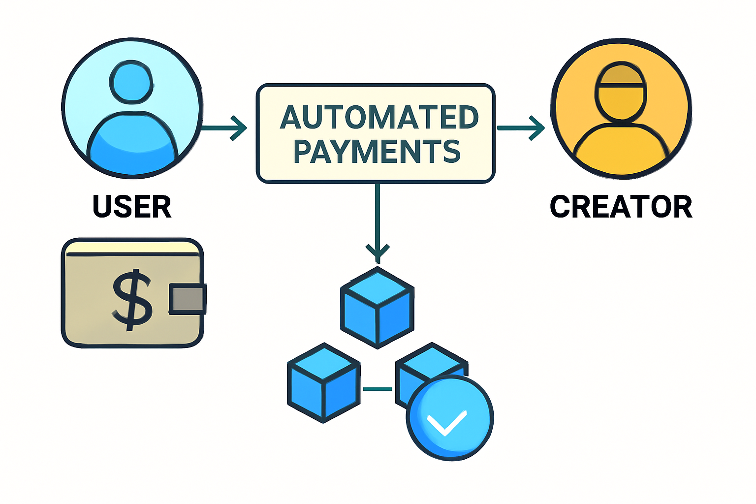 A flowchart showing automated payments from user wallets to creators, with blockchain verification symbols.