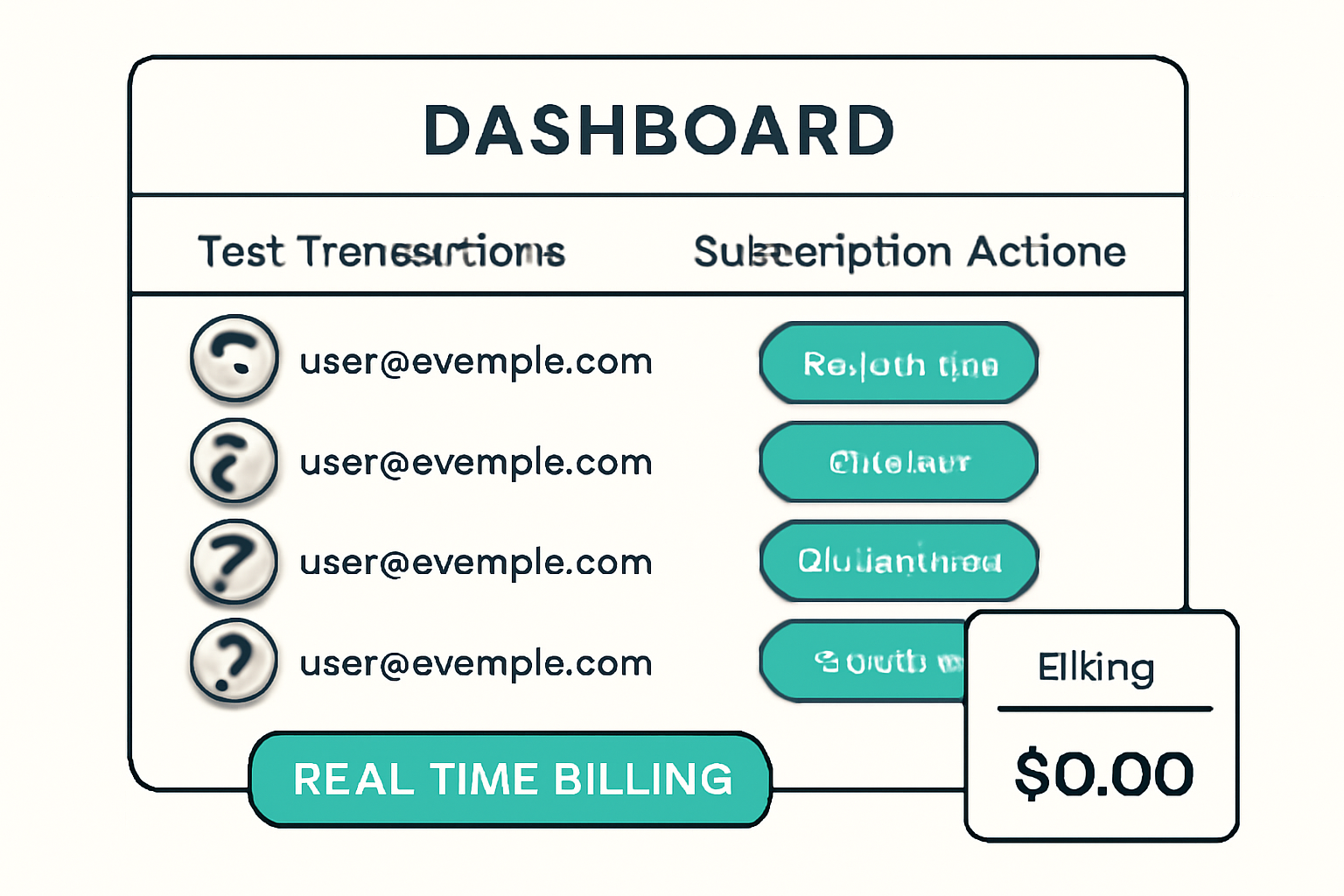 A dashboard showing test transactions with different subscription actions and real-time billing updates.
