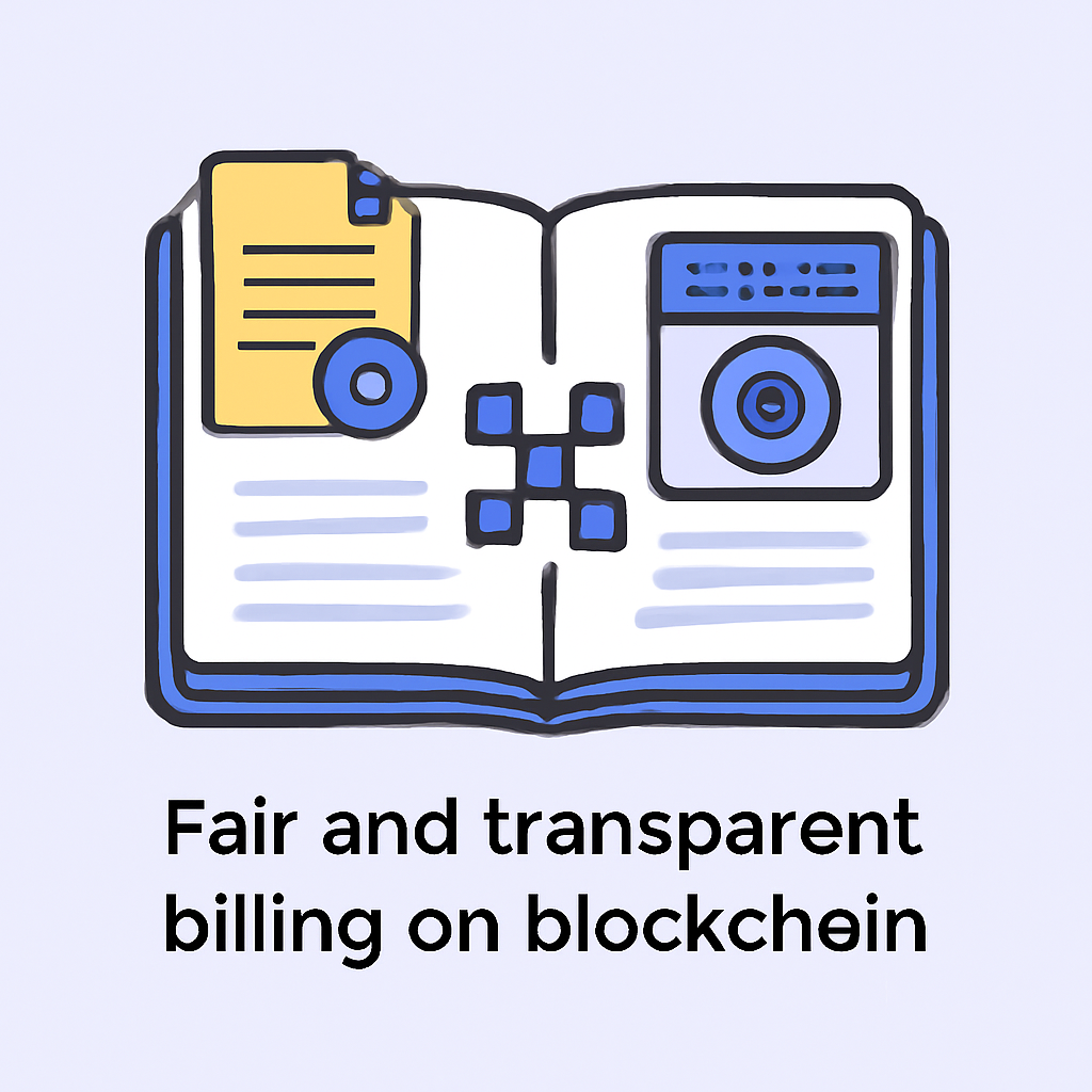 A digital ledger with smart contracts and subscription icons, representing fair and transparent billing on blockchain.