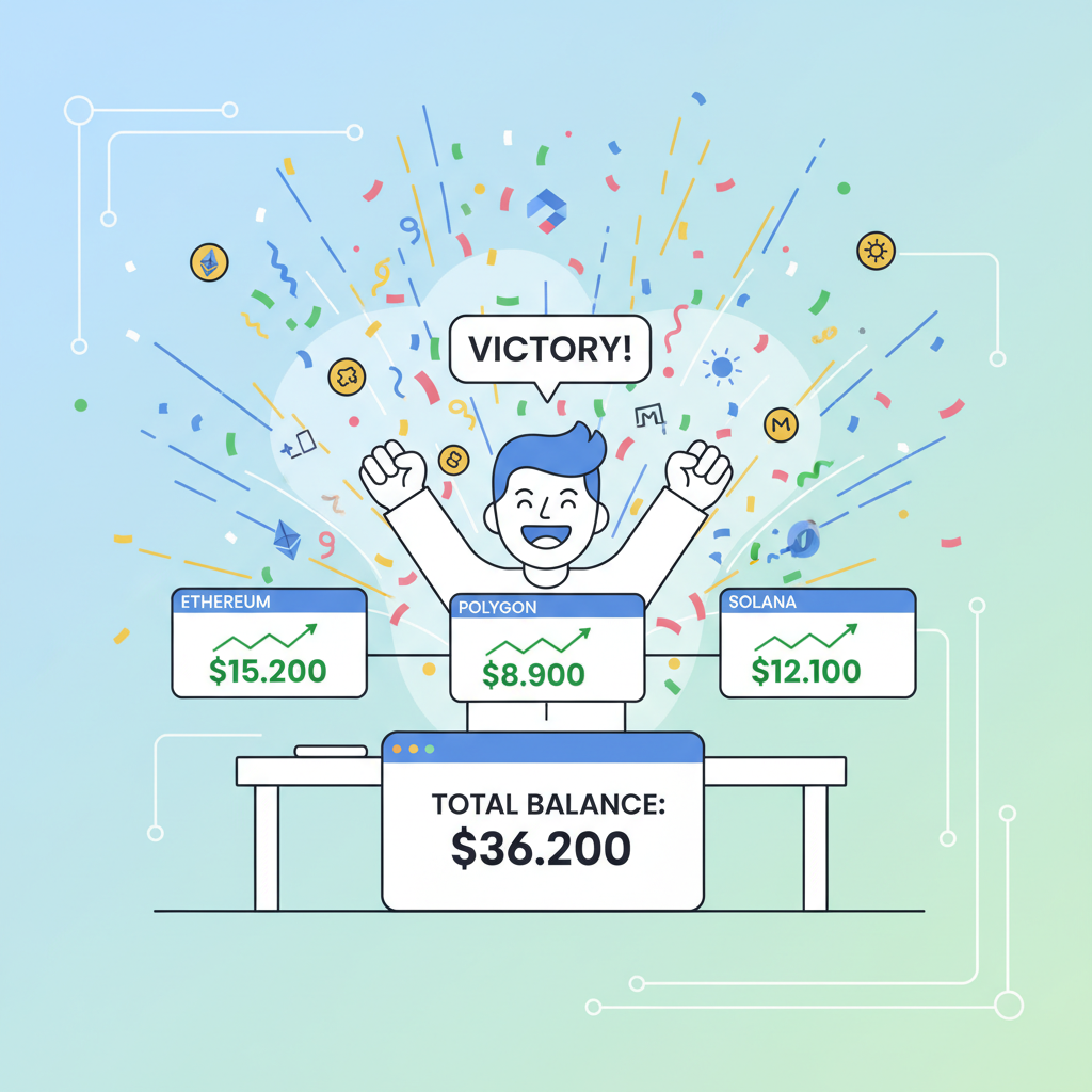 happy user checking updated wallet balance on multiple chains, confetti explosion, victorious DeFi trader scene
