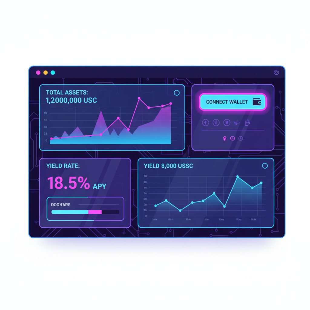 sleek web interface with glowing wallet connect button, futuristic DeFi dashboard, neon blues and purples, cyberpunk style