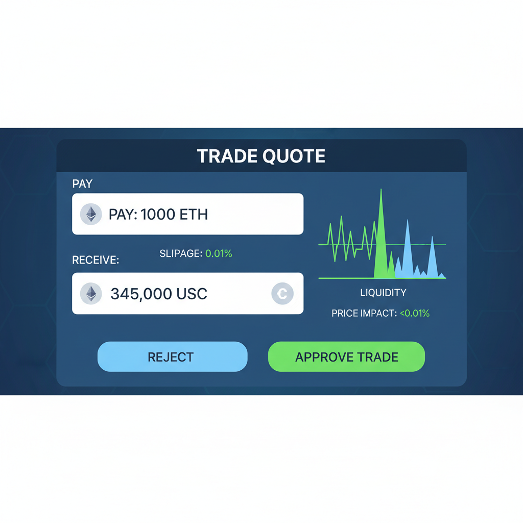 DeFi trade quote screen with slippage at 0.01%, liquidity graphs spiking, green approval buttons, high-tech trading terminal