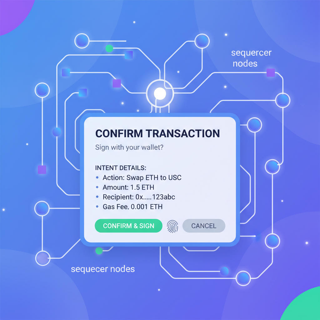 wallet signature popup with intent details, sequencer nodes coordinating in background, dynamic blockchain animation