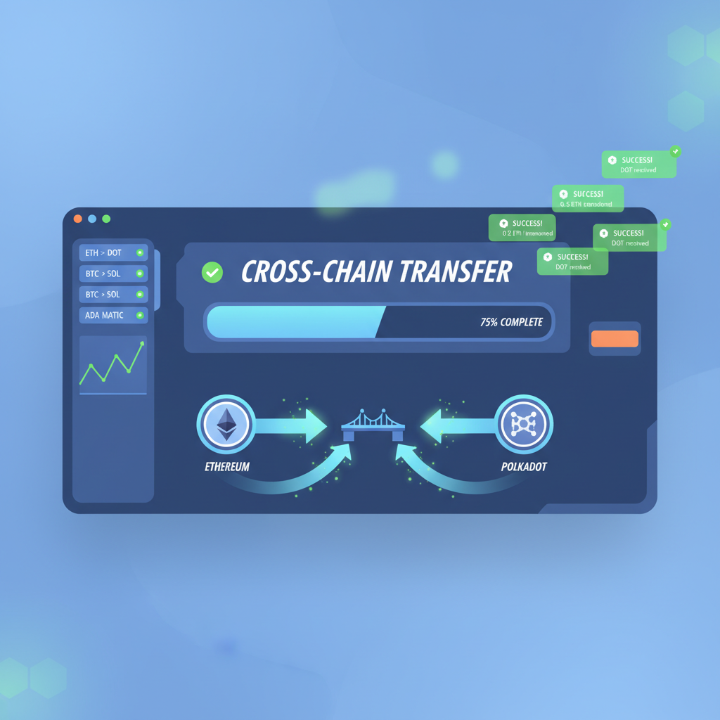 real-time trade tracker dashboard with progress bar, cross-chain arrows firing, success notifications popping, futuristic UI