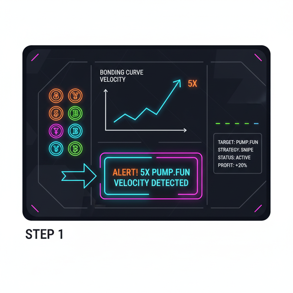 dashboard of sniper bot alerting 5x bonding curve velocity on Pump.fun, neon crypto UI