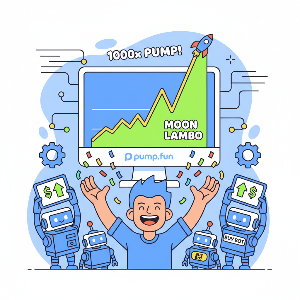 successful memecoin 1000x pump chart on pump.fun, trader celebrating with bots