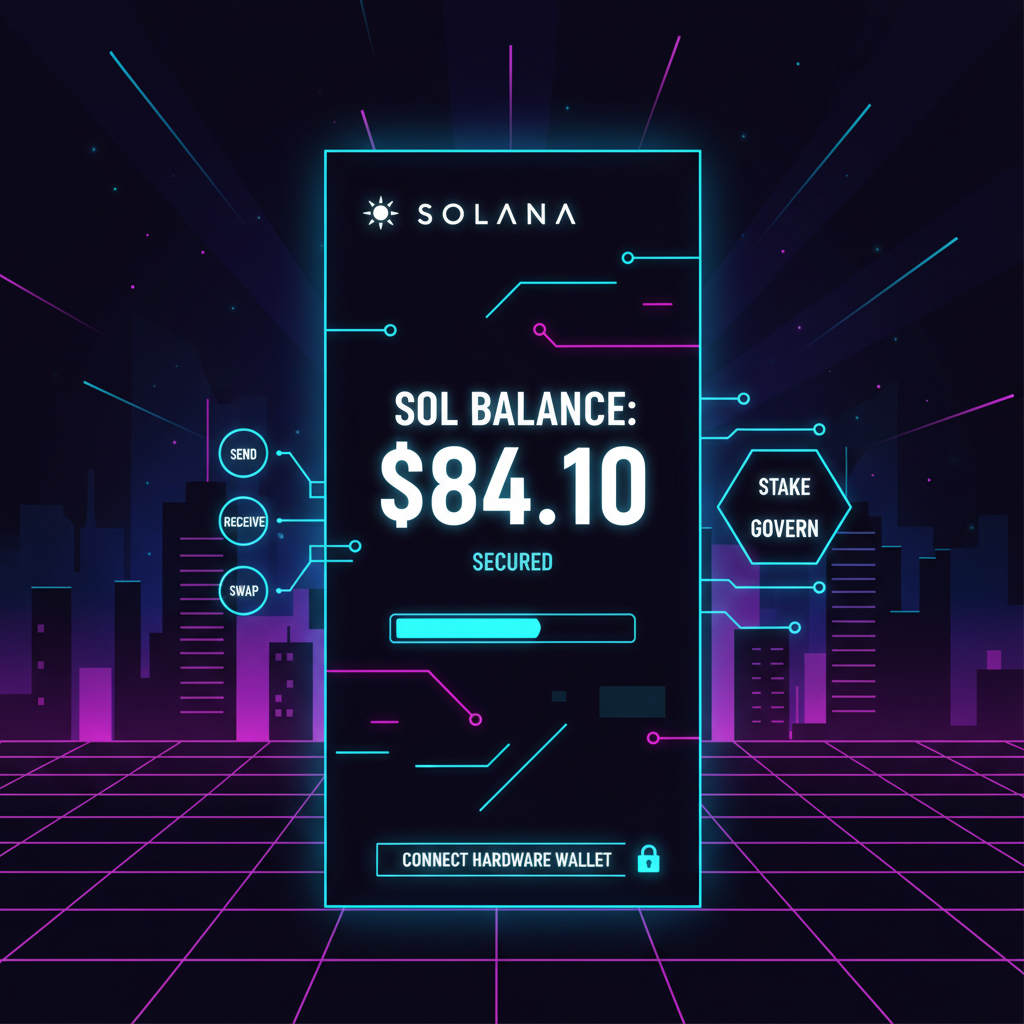 secure solana wallet interface with SOL balance at $84.10, neon cyberpunk dashboard