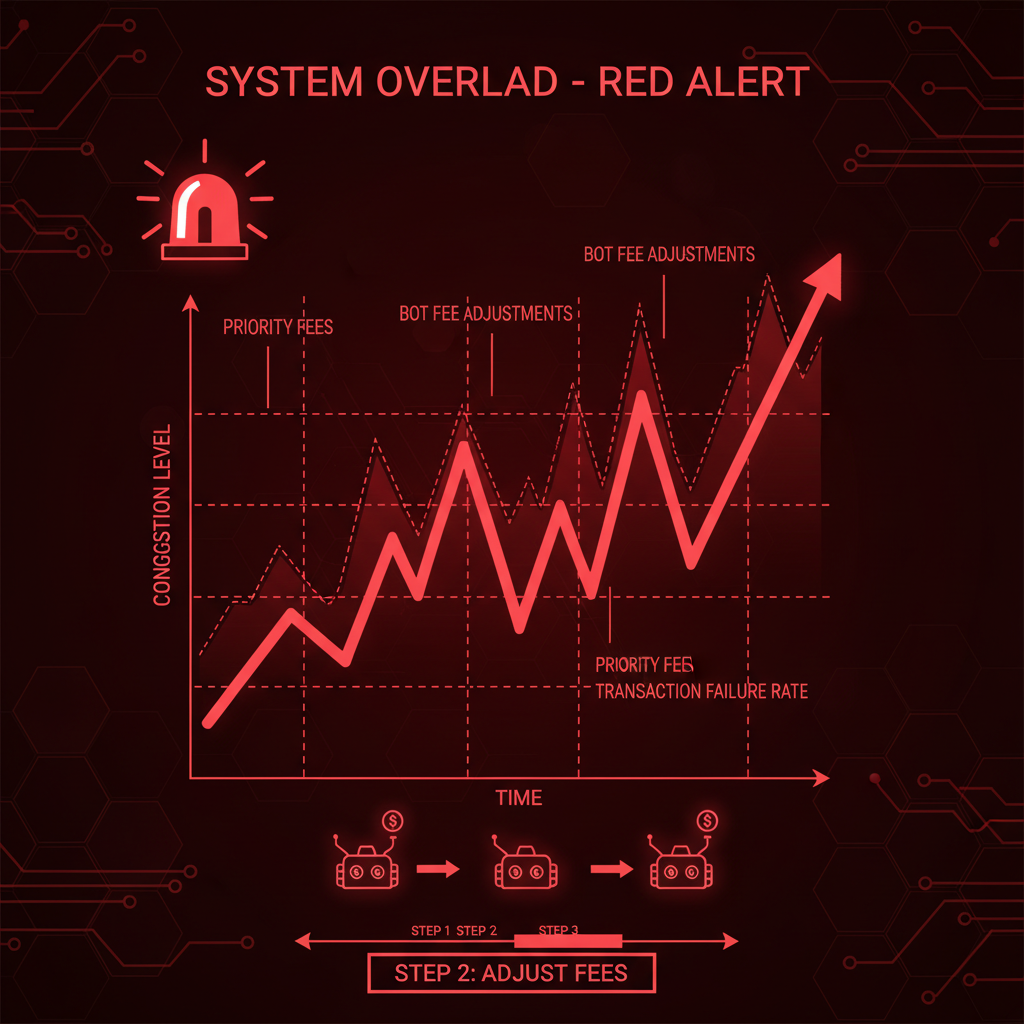 solana blockchain congestion graph with bot fee adjustments, red alert cyber style