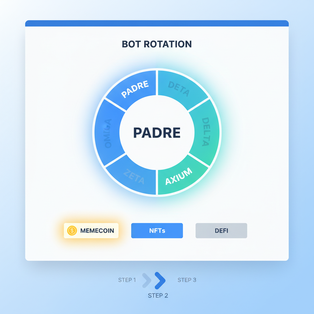 bot rotation dashboard showing padre and axium active, memecoin filters glowing