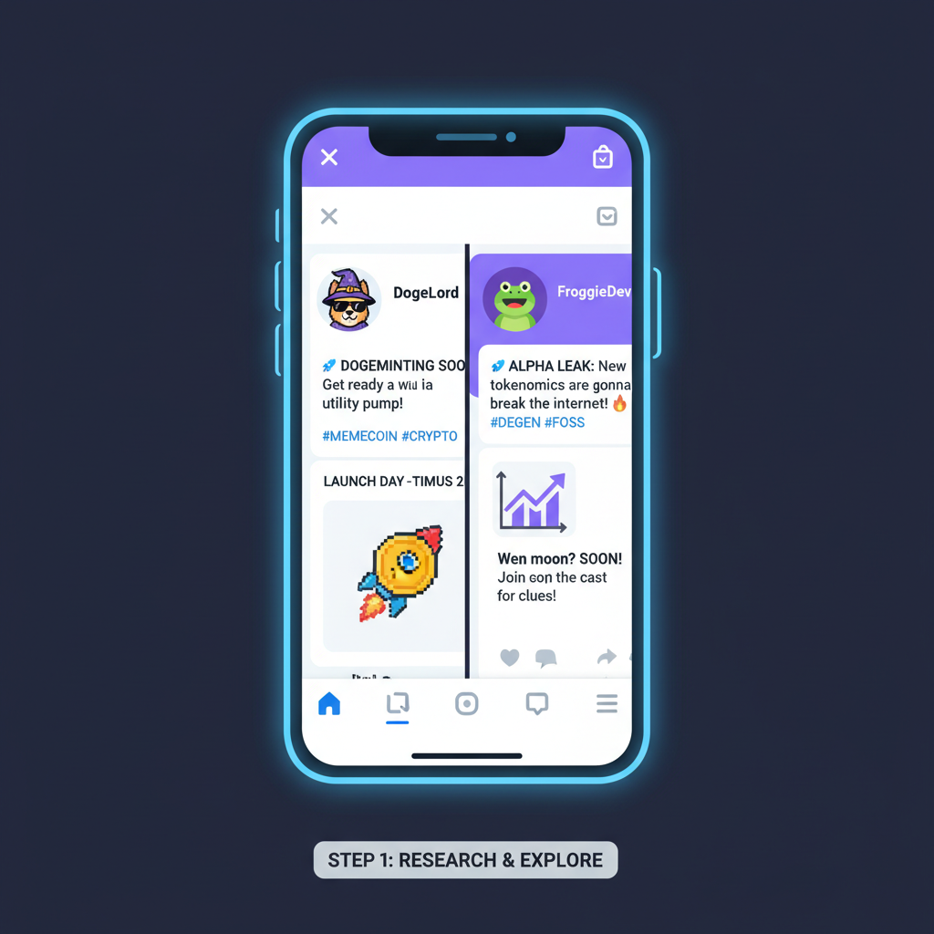 smartphone screen showing Twitter and Farcaster feeds with memecoin dev teases, crypto theme