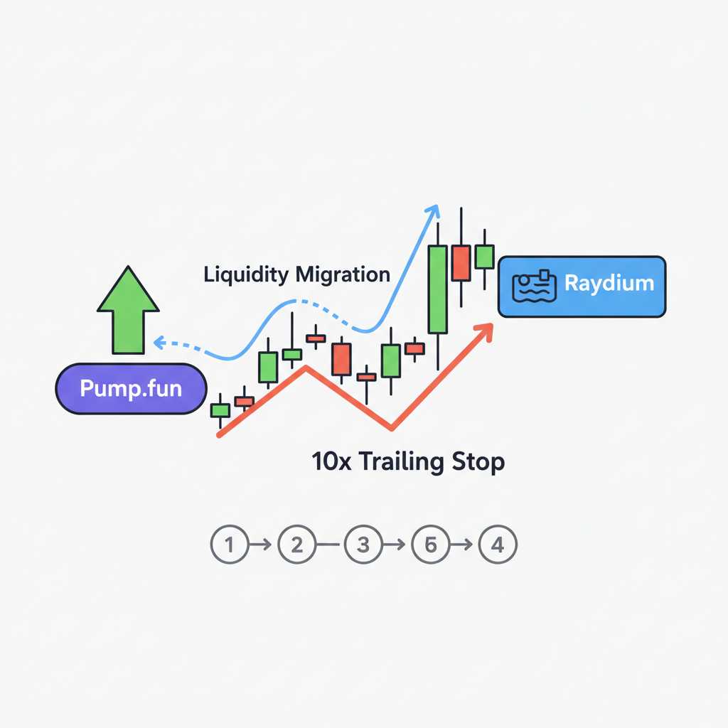 trading chart with 10x trailing stop line, Pump.fun to Raydium liquidity migration