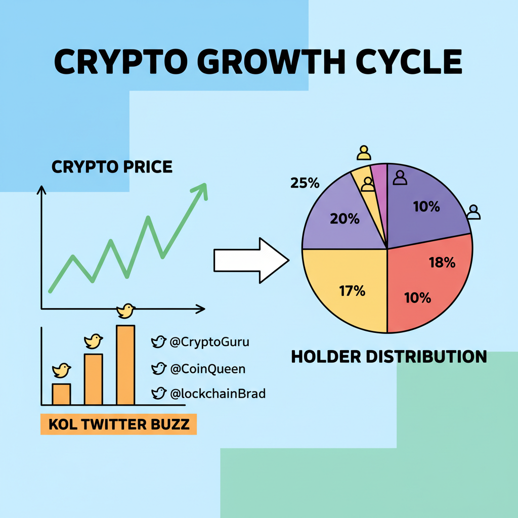 crypto chart with KOL twitter buzz metrics and even holder distribution graph