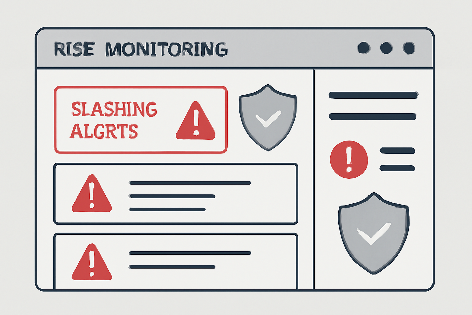 Risk monitoring interface with slashing alerts, security shields, red warning icons