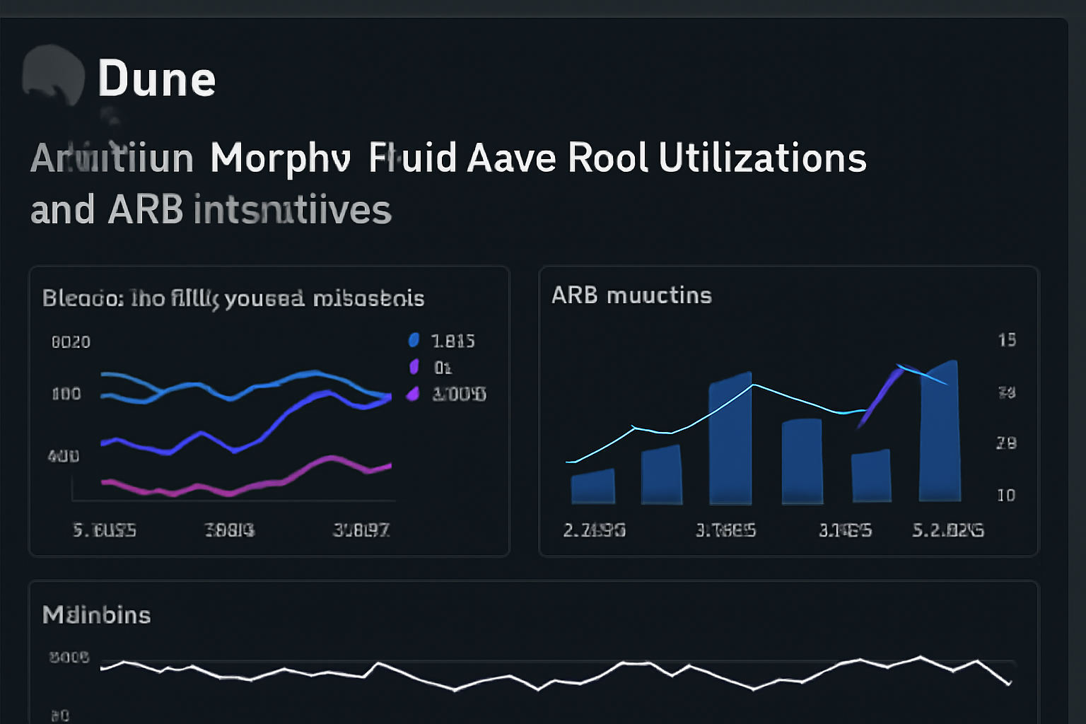 Dune Analytics dashboard showing Arbitrum Morpho Fluid Aave pool utilizations and ARB incentives, technical charts, dark mode