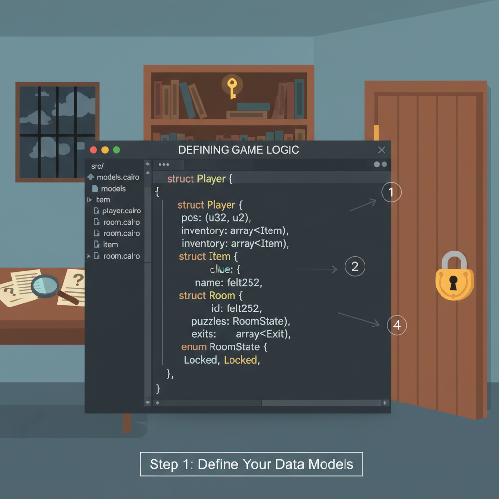 code editor with cairo rust-like syntax defining game models, locked room escape puzzle background