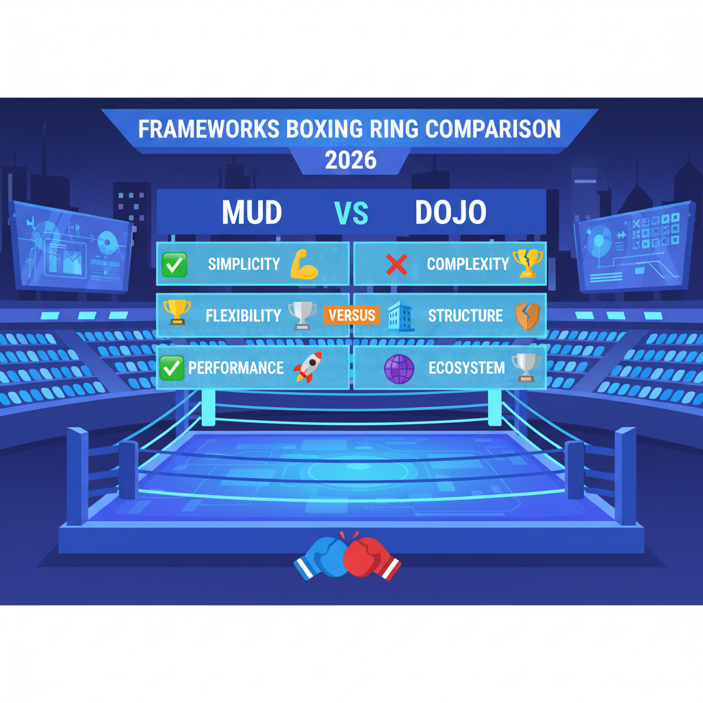 mud vs dojo frameworks boxing ring comparison chart, emojis trophies 2026 futuristic arena