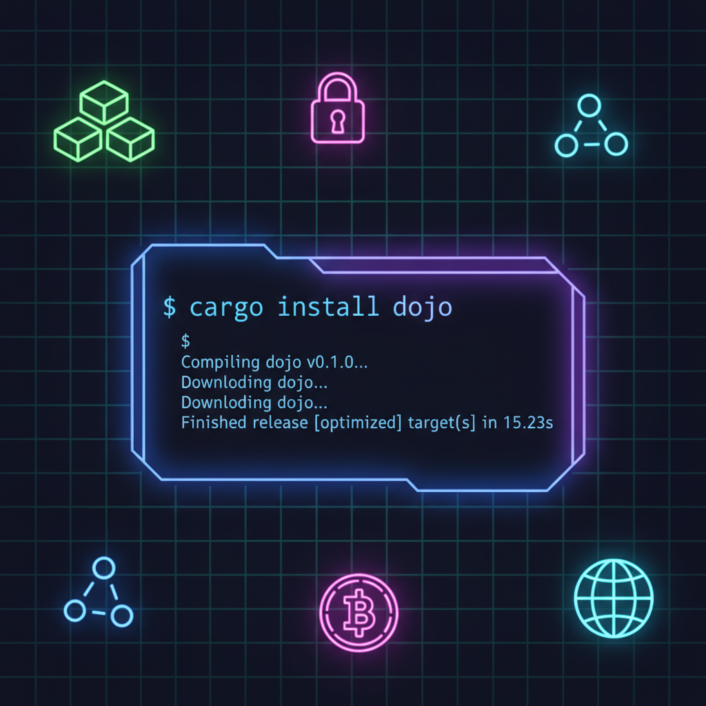 terminal window installing dojo via cargo rust command line, cyberpunk neon glow, blockchain icons
