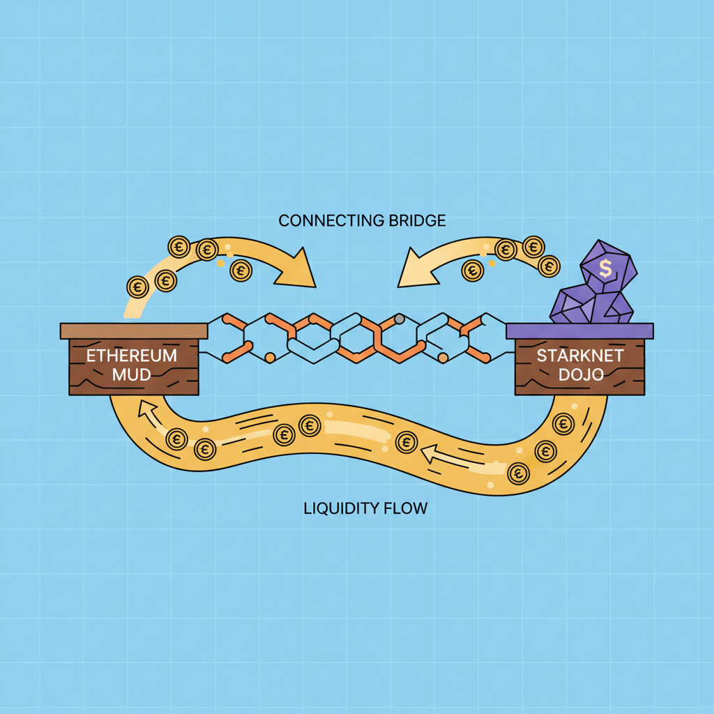 ethereum mud and starknet dojo frameworks connecting bridge, liquidity flow arrows golden coins