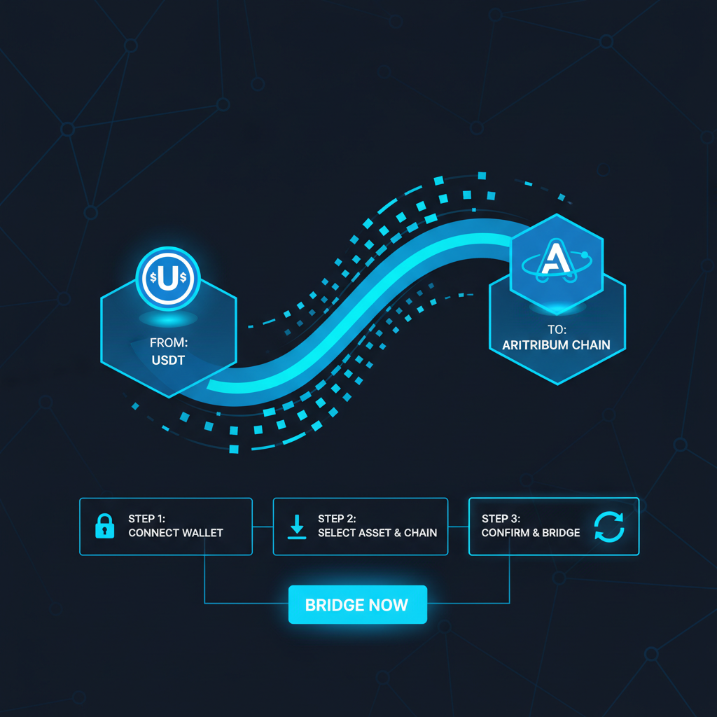 futuristic crypto bridge interface transferring USDT to Arbitrum chain, neon blue tones, dynamic flow