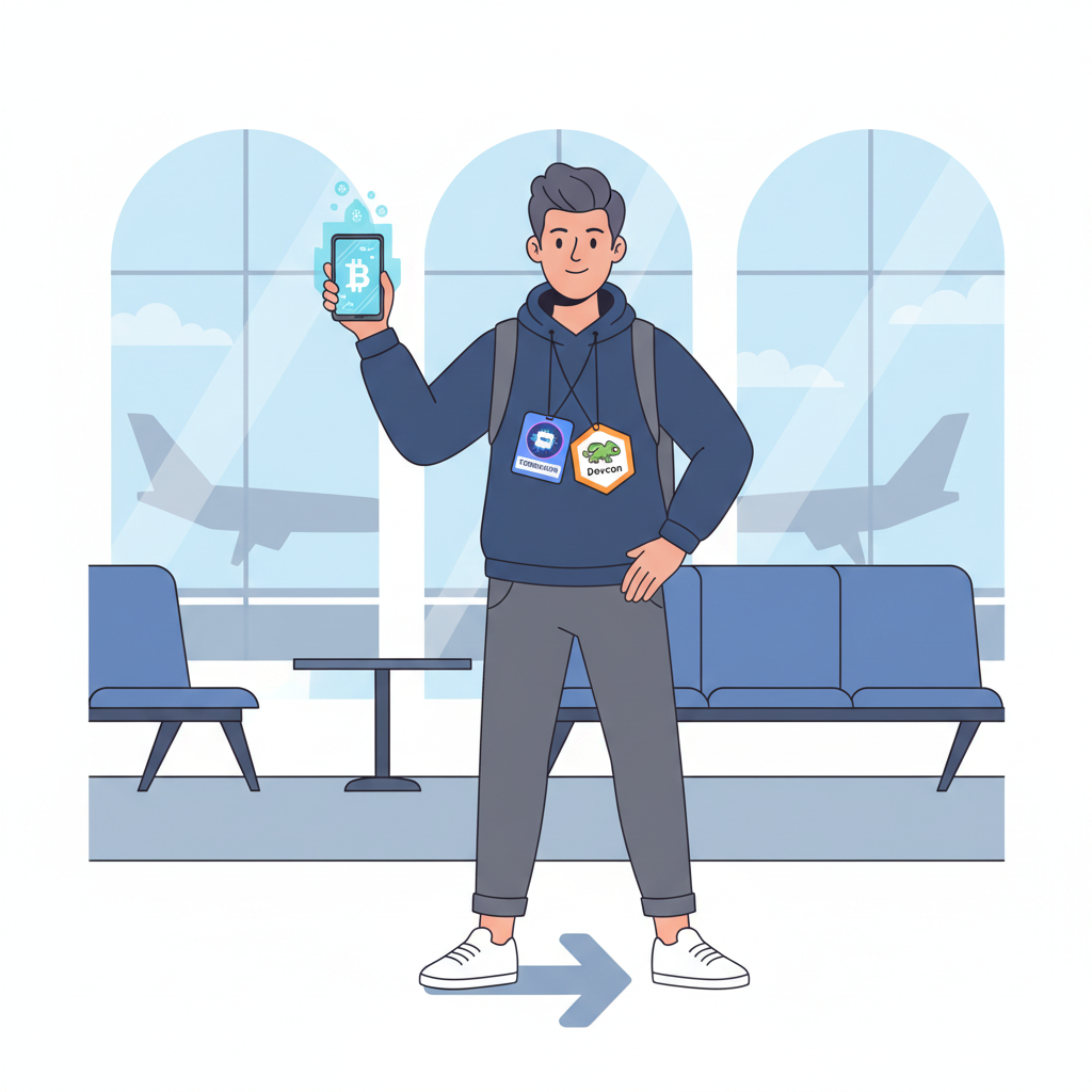 traveler at airport with crypto wallet, conference badges for TOKEN2049 and Devcon, confident pose