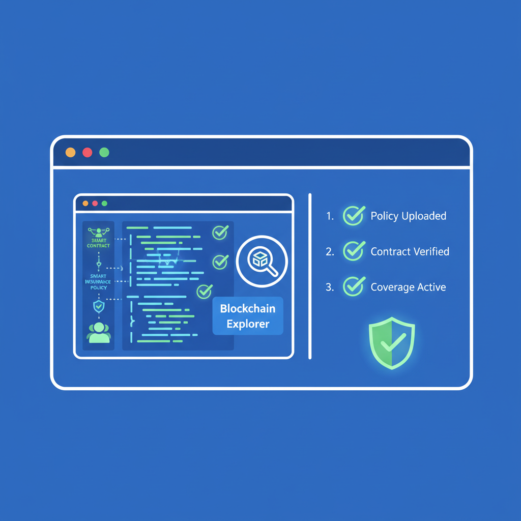 blockchain explorer verifying smart contract insurance policy, glowing code and checkmarks