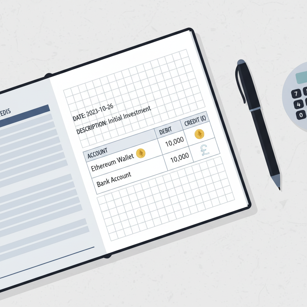 clean ledger notebook open with ETH coins and pound symbols entered, professional accounting style