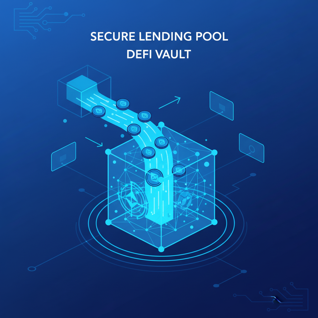ETH tokens flowing into a secure DeFi lending pool vault, glowing blue futuristic interface