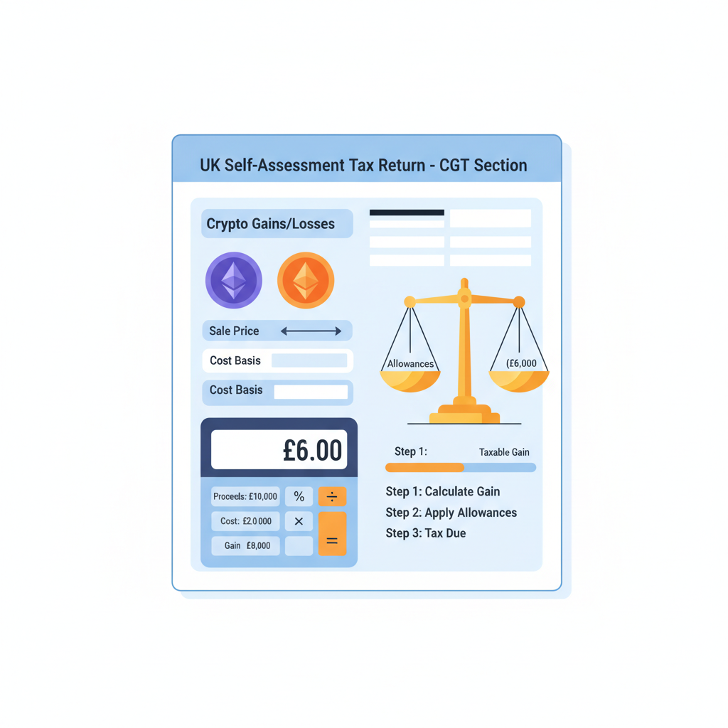 UK tax form with CGT calculator, ETH sale icons, scales of justice and allowances