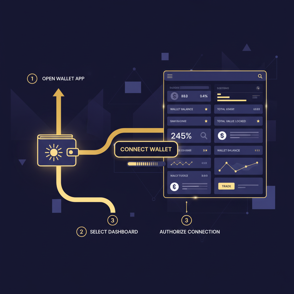 Solana wallet connecting to DeFi dashboard, futuristic interface, gold accents