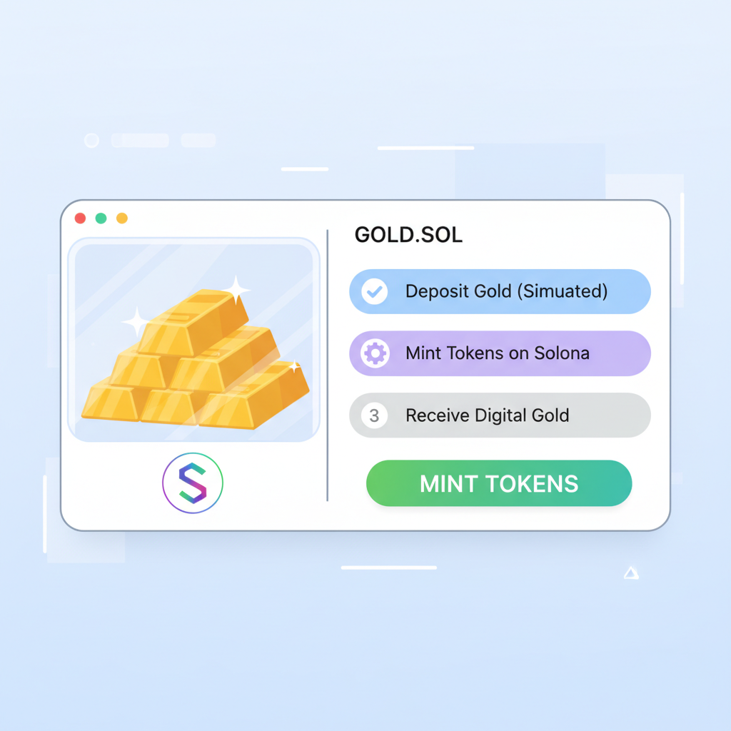 Minting digital gold tokens on Solana blockchain, vault interface with gold bars