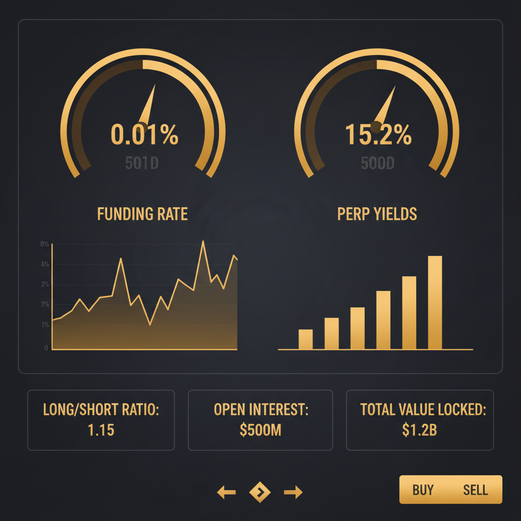 DeFi dashboard monitoring funding rates and perp yields, gold-themed charts