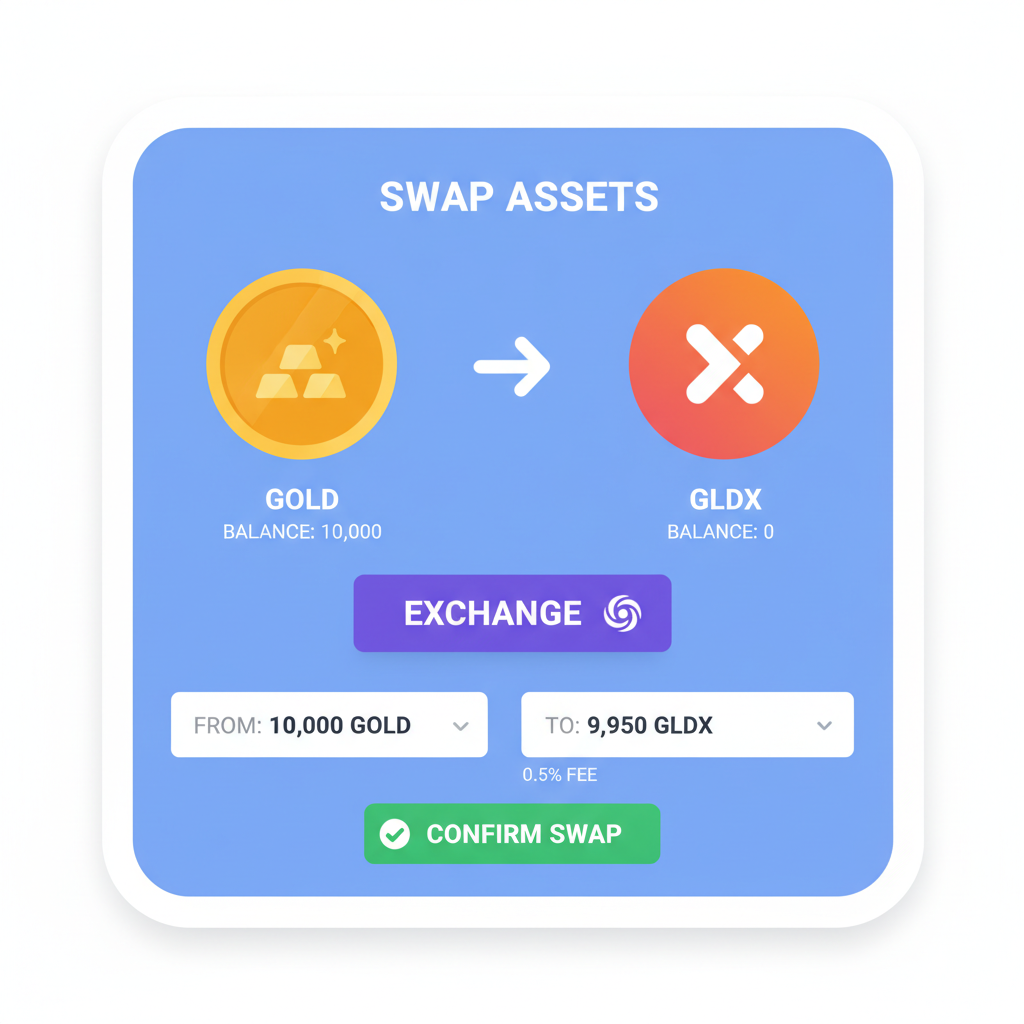 Crypto swap interface exchanging gold tokens for GLDx, Solana DeFi style