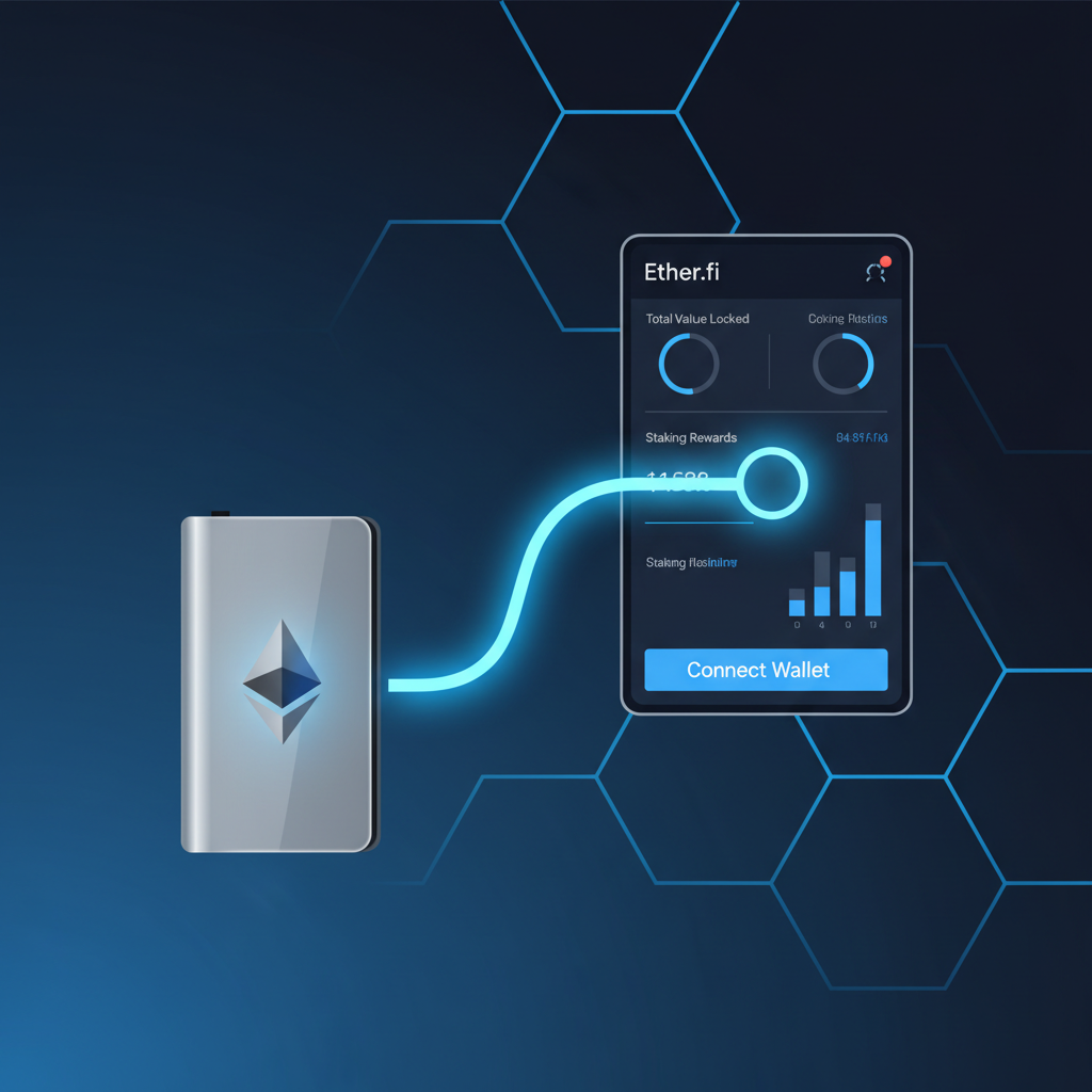 sleek ethereum wallet connecting to ether.fi dashboard, futuristic UI, blue neon glow, crypto theme