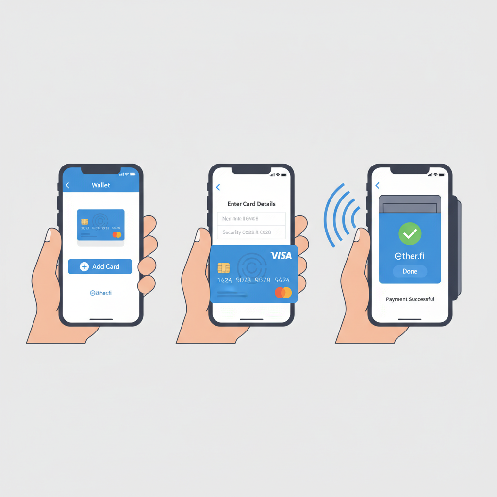 smartphone adding visa card to apple pay, contactless payment animation, ether.fi logo