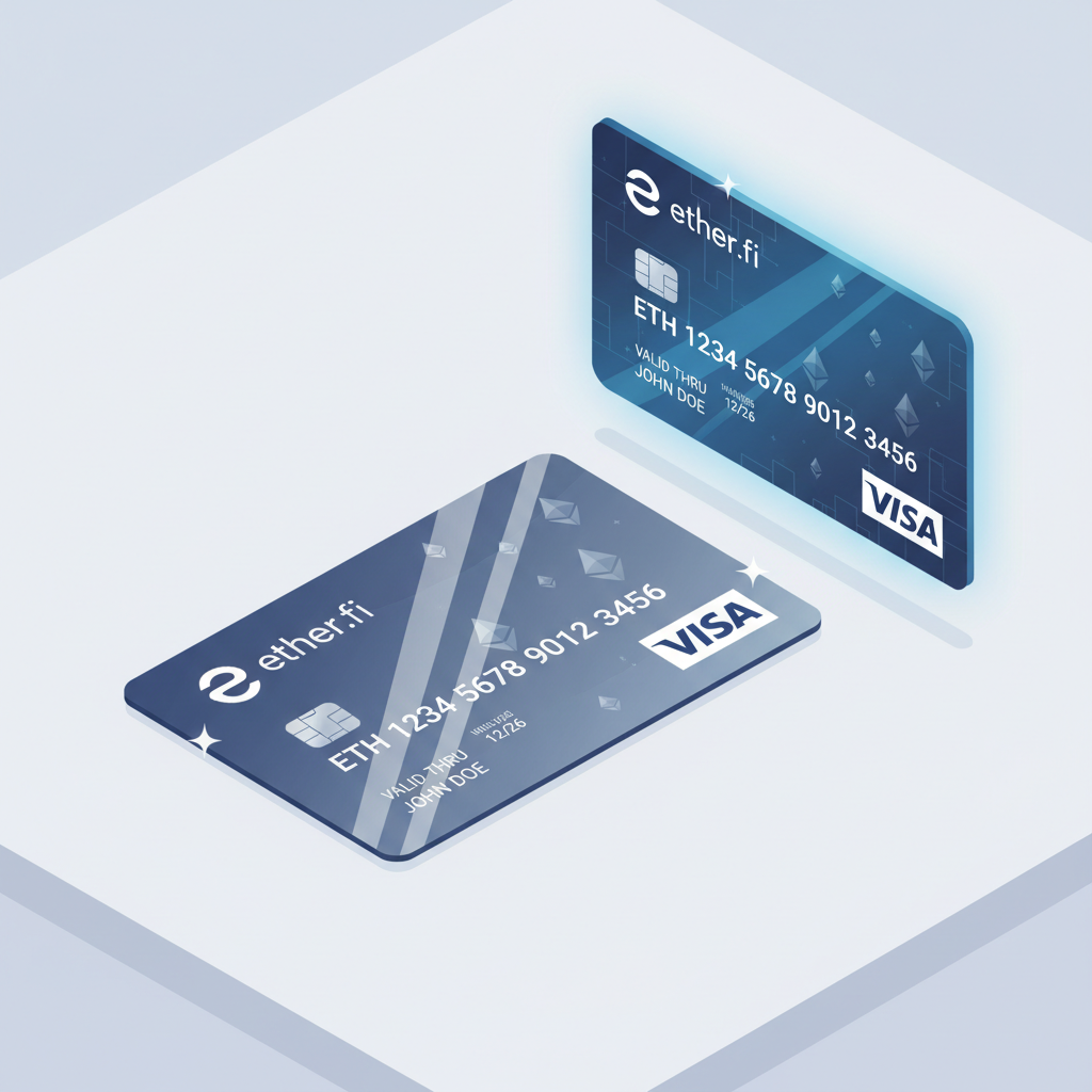 shiny ether.fi visa card physical and virtual on table, ethereum symbols, premium metallic design