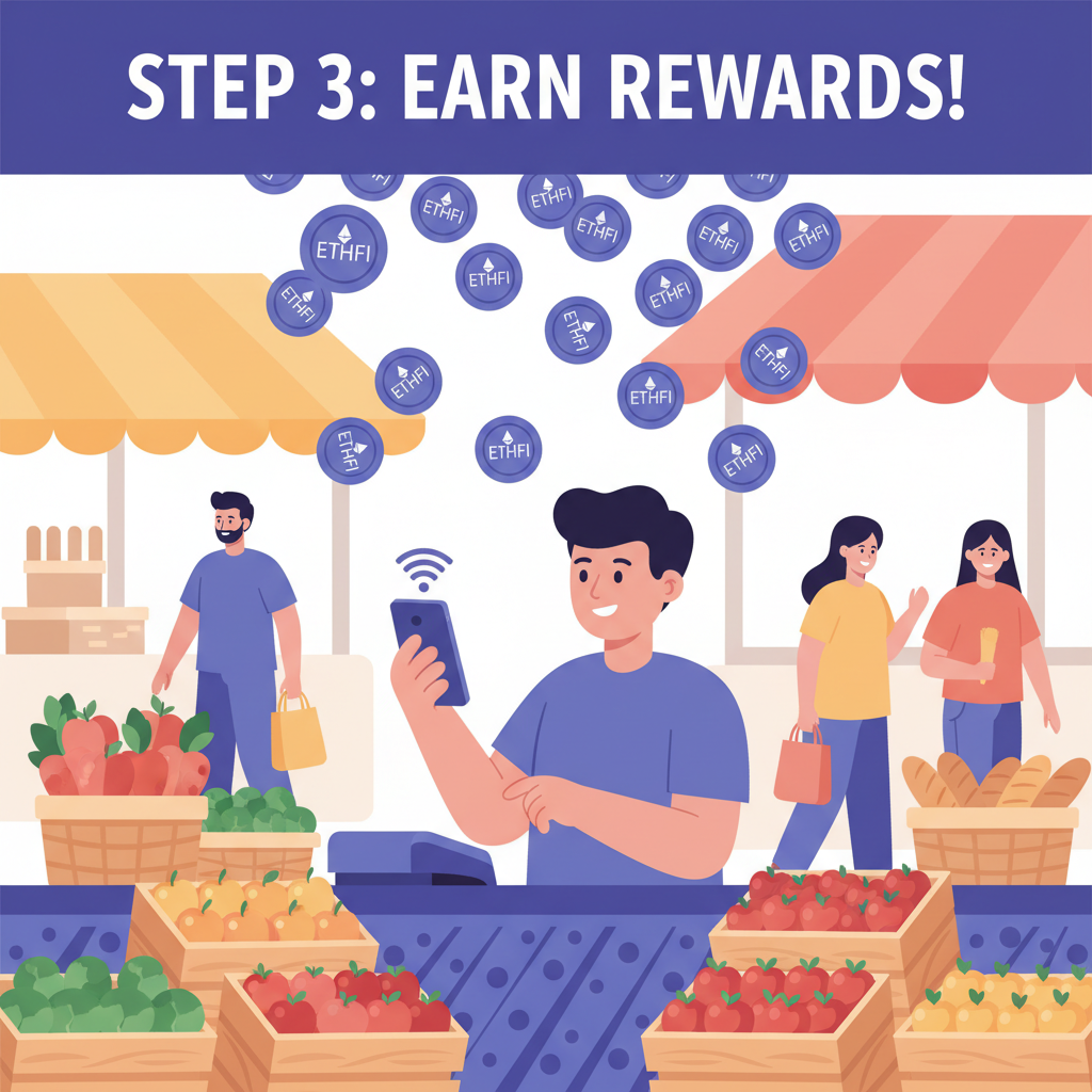 person shopping with phone NFC payment, ethfi tokens raining as rewards, vibrant market scene