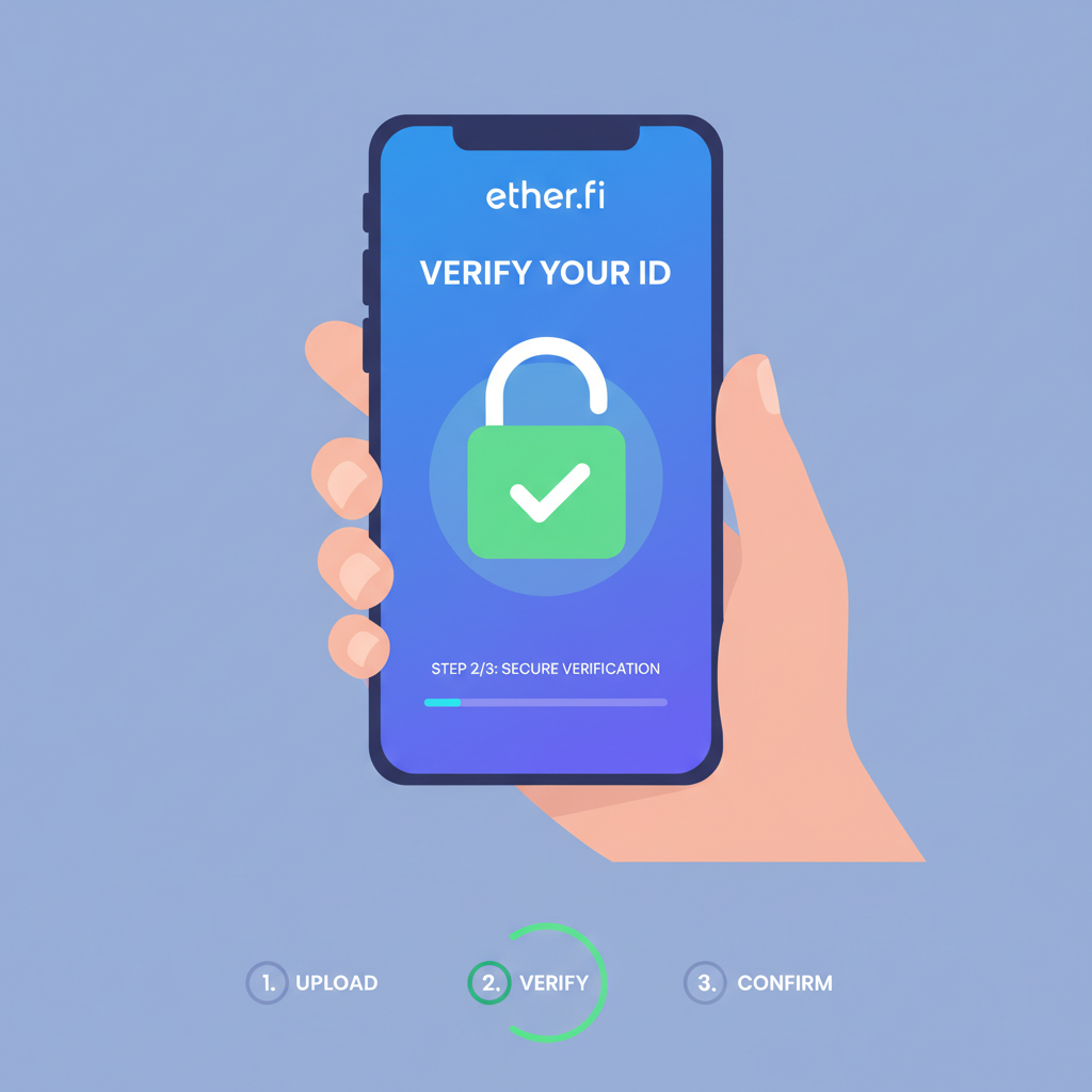 person verifying ID on mobile app, secure checkmark, ether.fi branding, modern interface