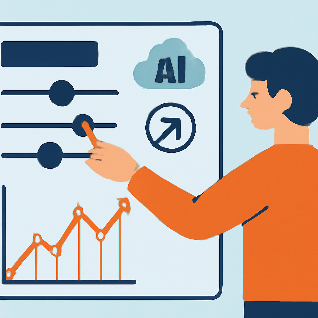 A user adjusting settings on a trading dashboard, with upward-trending charts and AI optimization icons