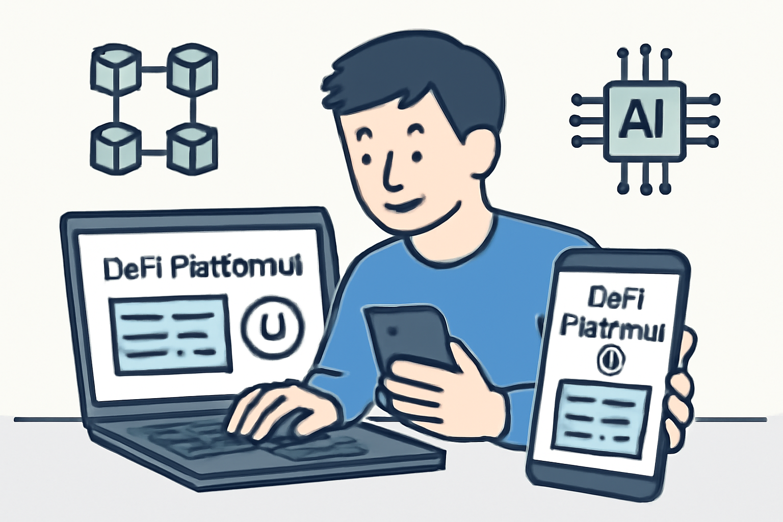 A user comparing two modern DeFi platforms on a laptop and smartphone, with blockchain and AI icons in the background