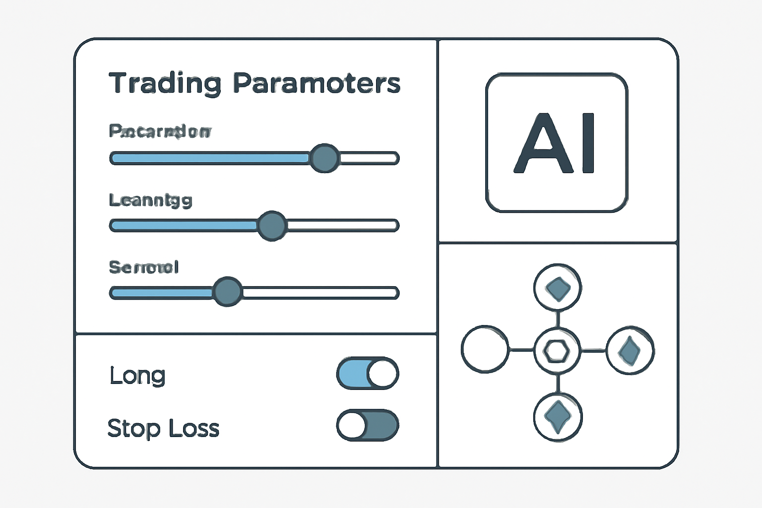 A dashboard with sliders and toggles for setting trading parameters, AI icons, and cross-chain network diagrams
