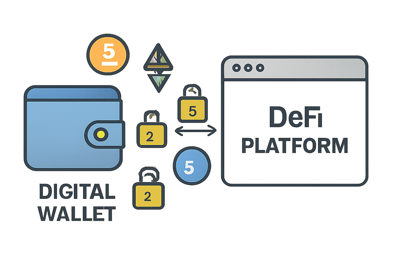 A digital wallet interface connecting to a DeFi platform, with blockchain logos and security locks